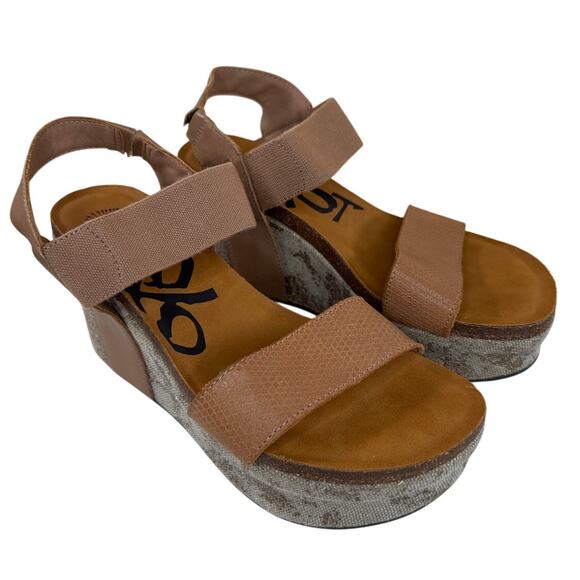 OTBT Bushnell Wedge Sandals Size 9 Leather Textile Stretch Strap Comfort Y2K - Picture 1 of 7